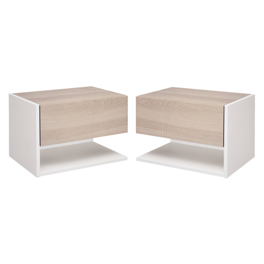 Set of 2 Wall-Mounted Bedside Tables with Drawer and Shelf, Modern Bedroom Furniture, White and Oak