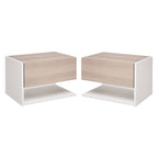 Set of 2 Wall-Mounted Bedside Tables with Drawer and Shelf, Modern Bedroom Furniture, White and Oak