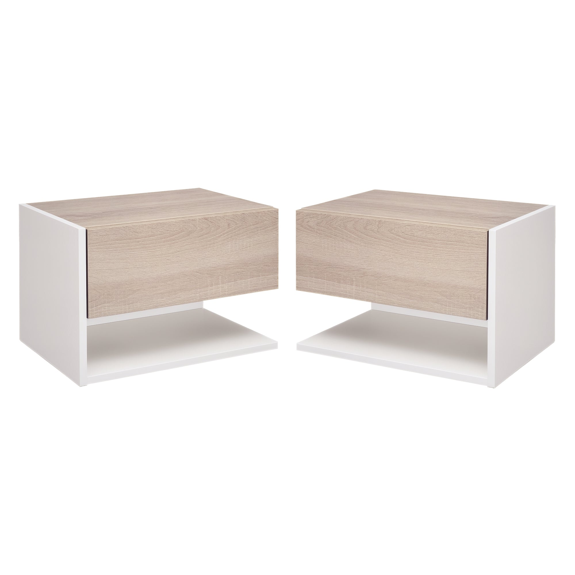 Set of 2 Wall-Mounted Bedside Tables with Drawer and Shelf, Modern Bedroom Furniture, White and Oak