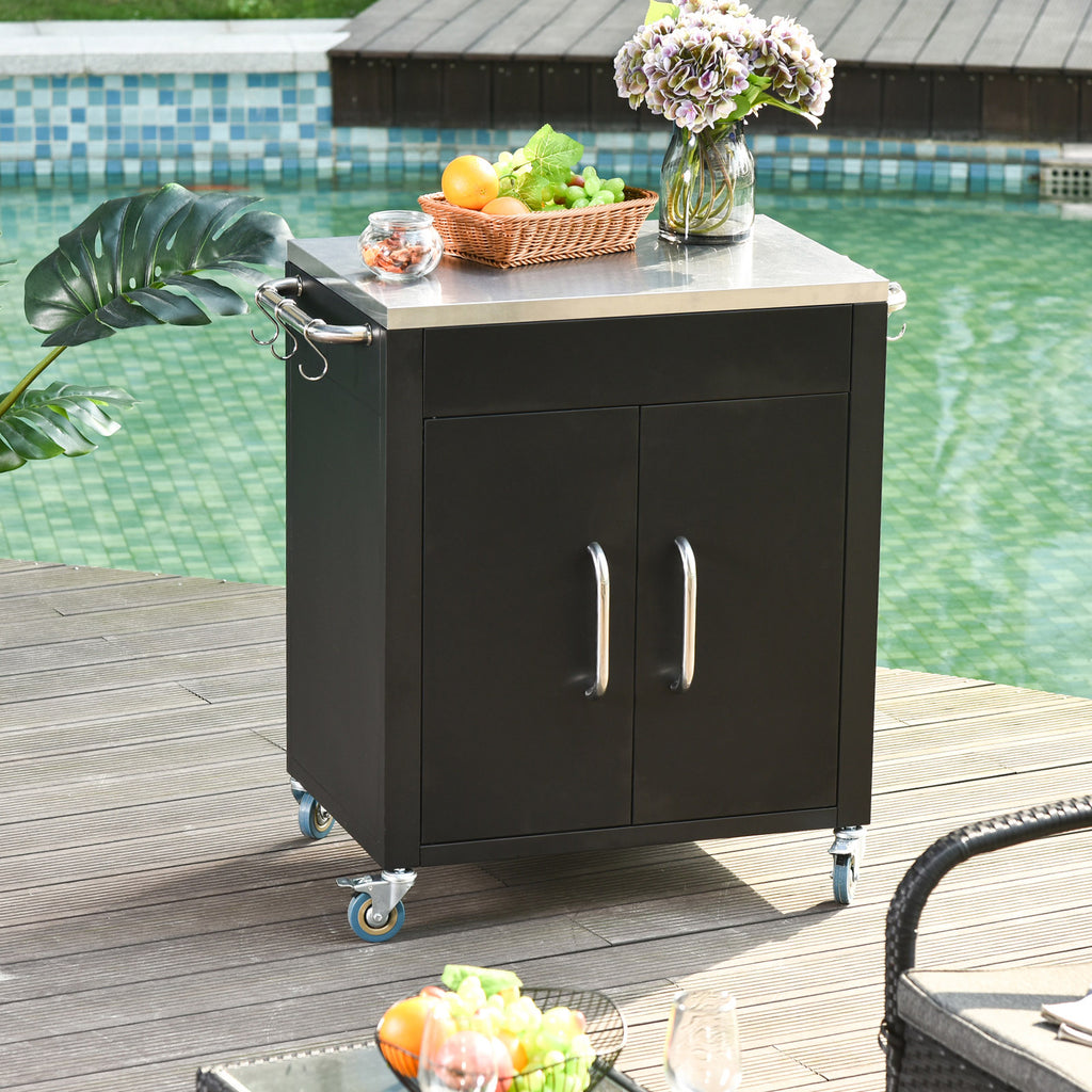 Stainless Steel Kitchen Cart with Storage Cabinet and 6 Hooks, 86x50x86.5 cm, Black