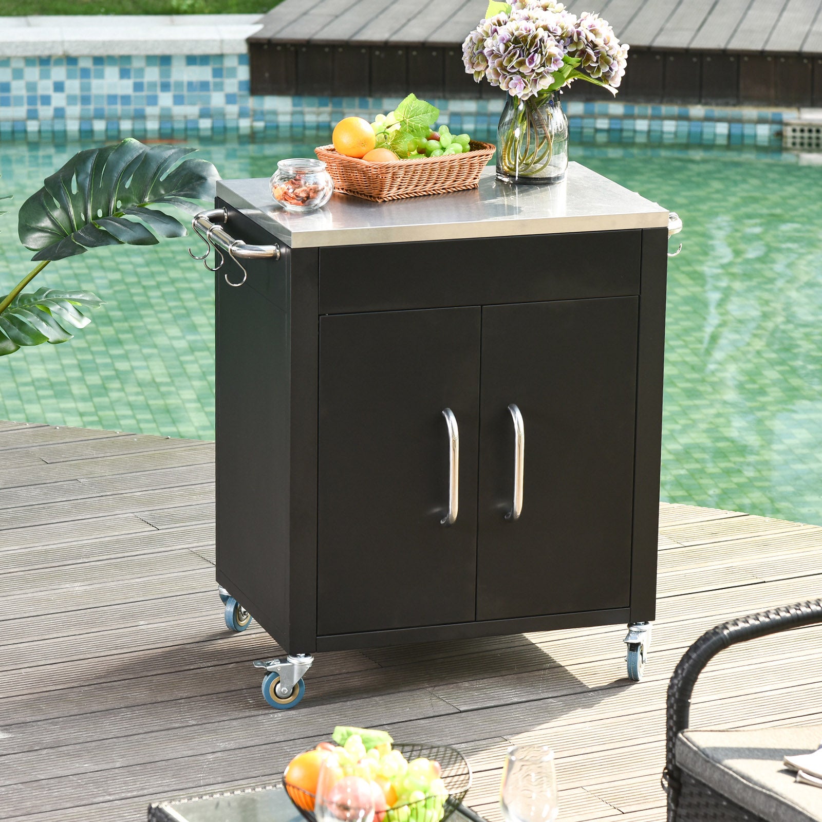 Stainless Steel Kitchen Cart with Storage Cabinet and 6 Hooks, 86x50x86.5 cm, Black