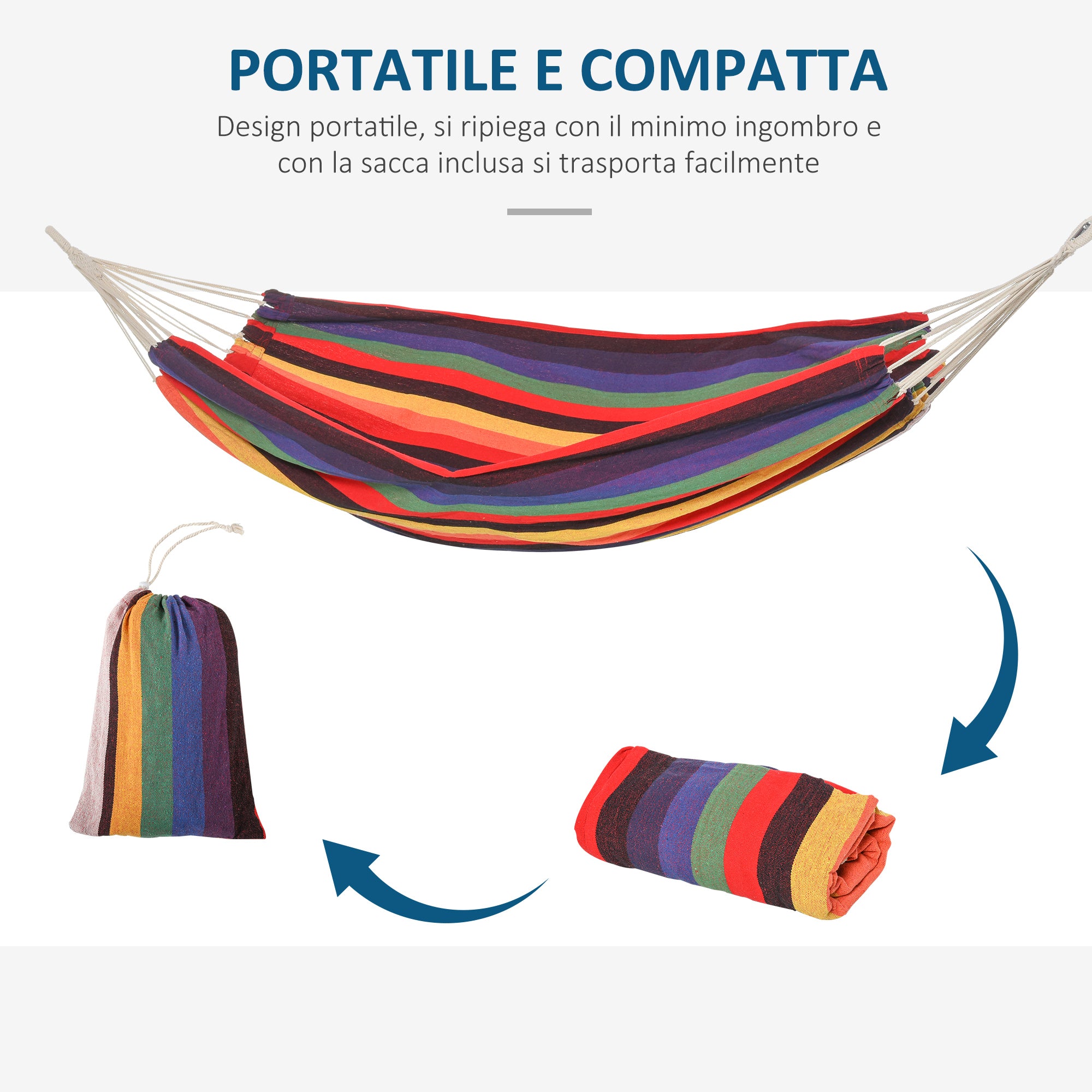 Outsunny Extra Large Cotton and Polyester Garden Hammock with Carry Bag, 200x150cm, Multicolored Stripes