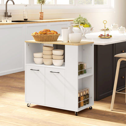 Wooden Kitchen Trolley with Open Shelf, Cabinet and Side Shelf, 75x40x80.5 cm, color Oak and White