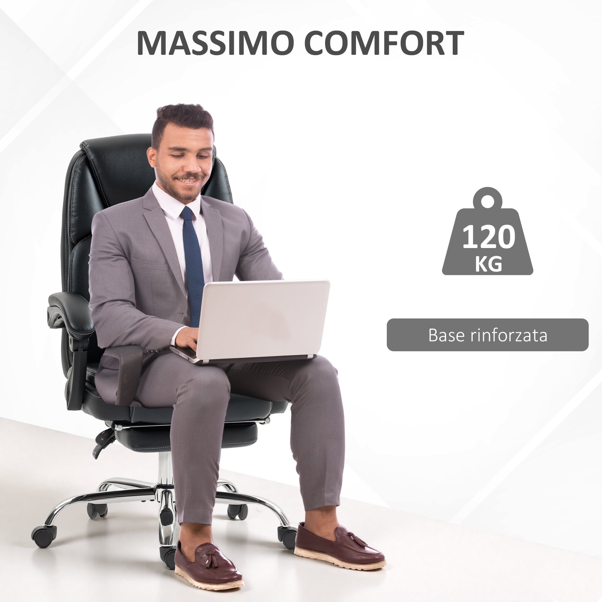 Reclining Office Chair with Pull-Out Footrest, PU Leather, 120 kg Capacity, Black
