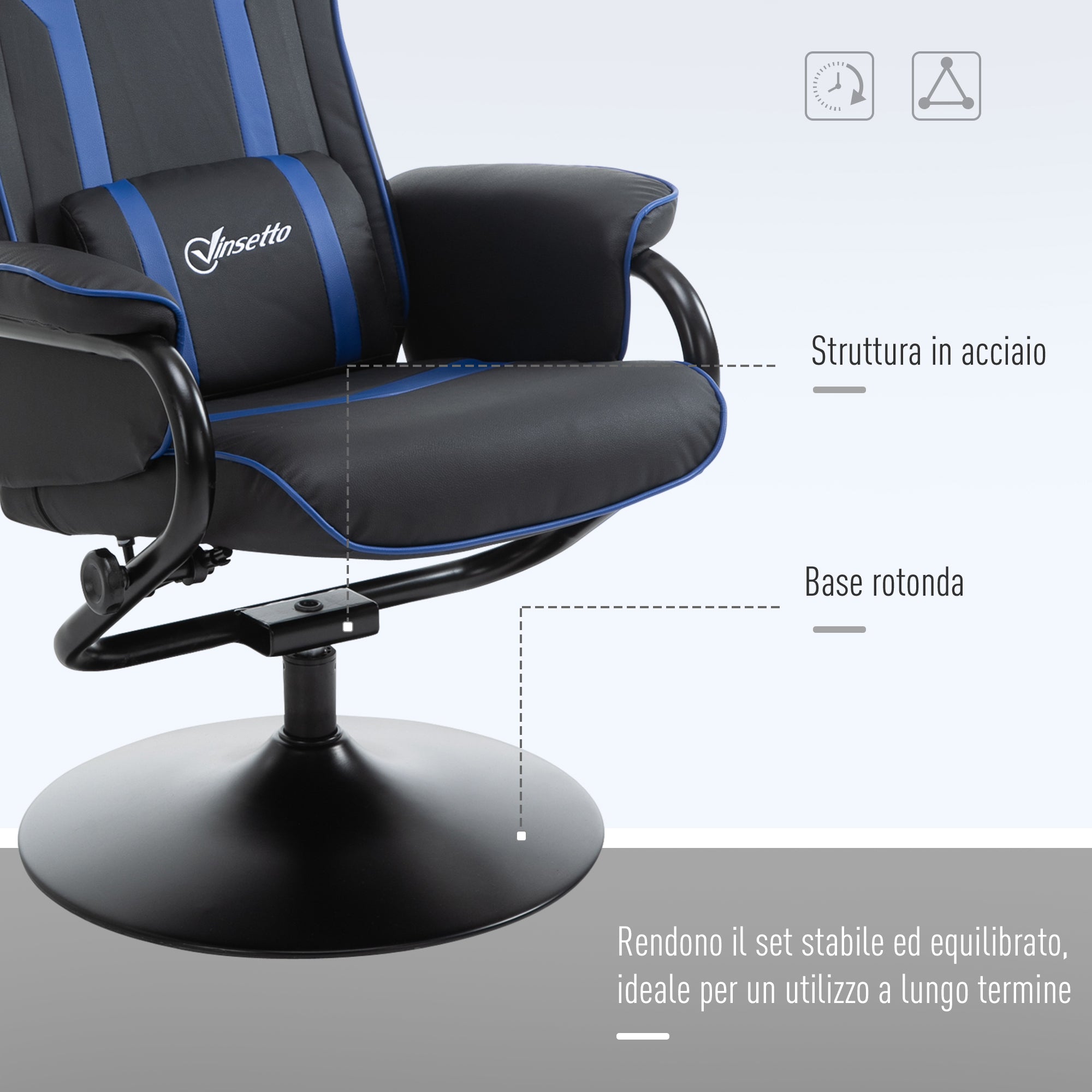 2 Piece Set Gaming Chair Reclining 130° Tilting with Footrest Stool, Black and Dark Blue