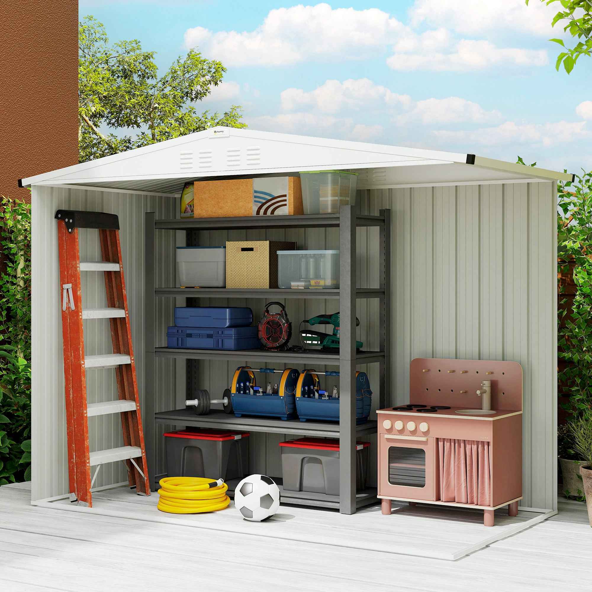 Outsunny Galvanized Steel Garden Storage Shed with 2 Doors, 246x117x180 cm, Light Grey
