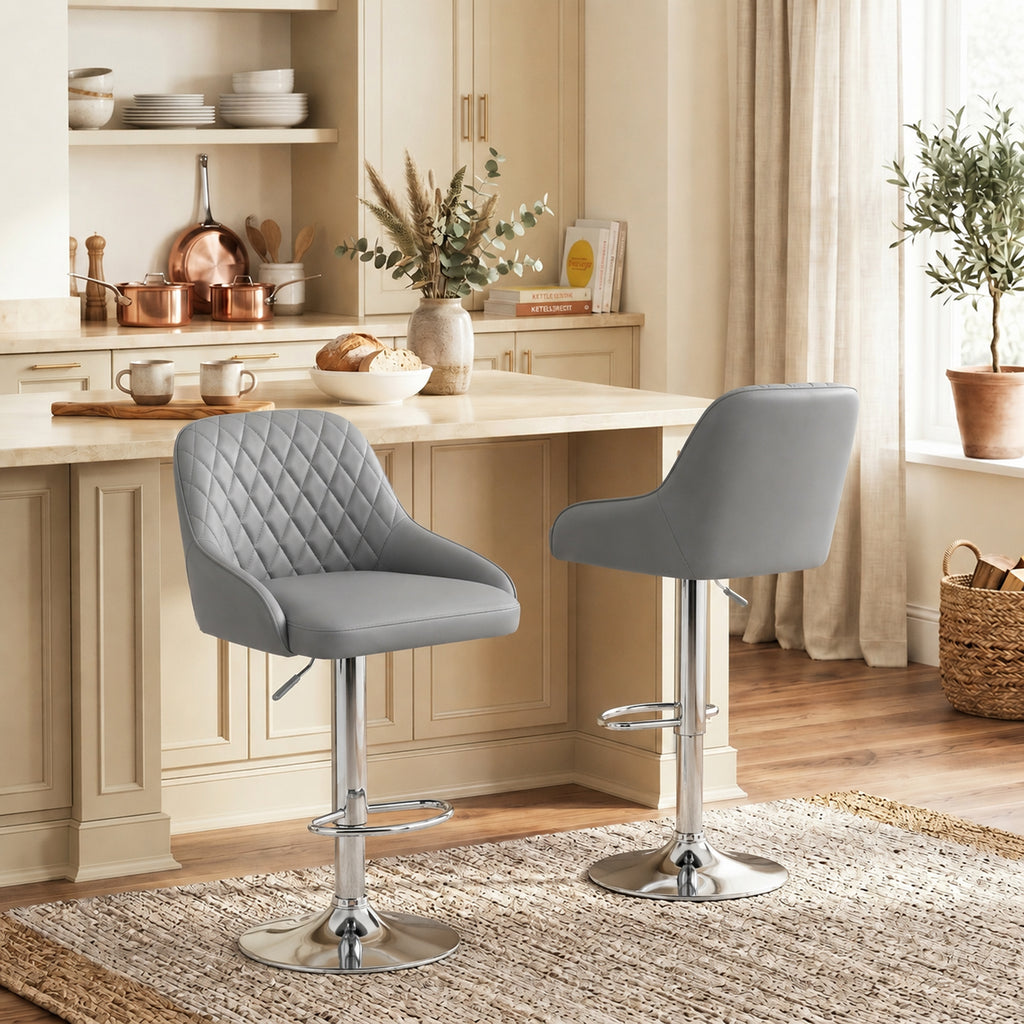 HOMCOM Set of 2 Swivel and Height-Adjustable Bar Stools with Backrest, Faux Leather, Light Grey