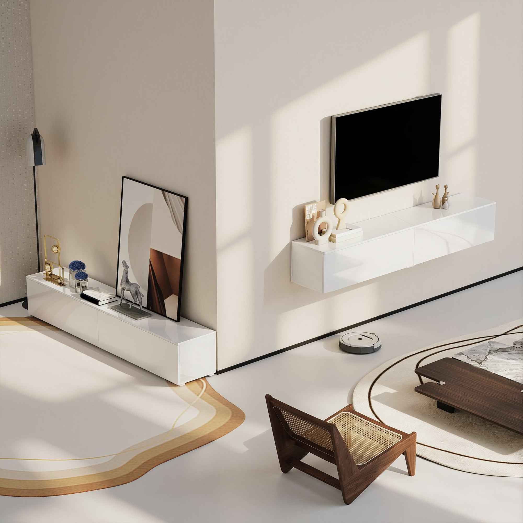 HOMCOM Wall-Mounted TV Stand for up to 75" with Pressure-Close Doors, 180x33x30 cm, Gloss White