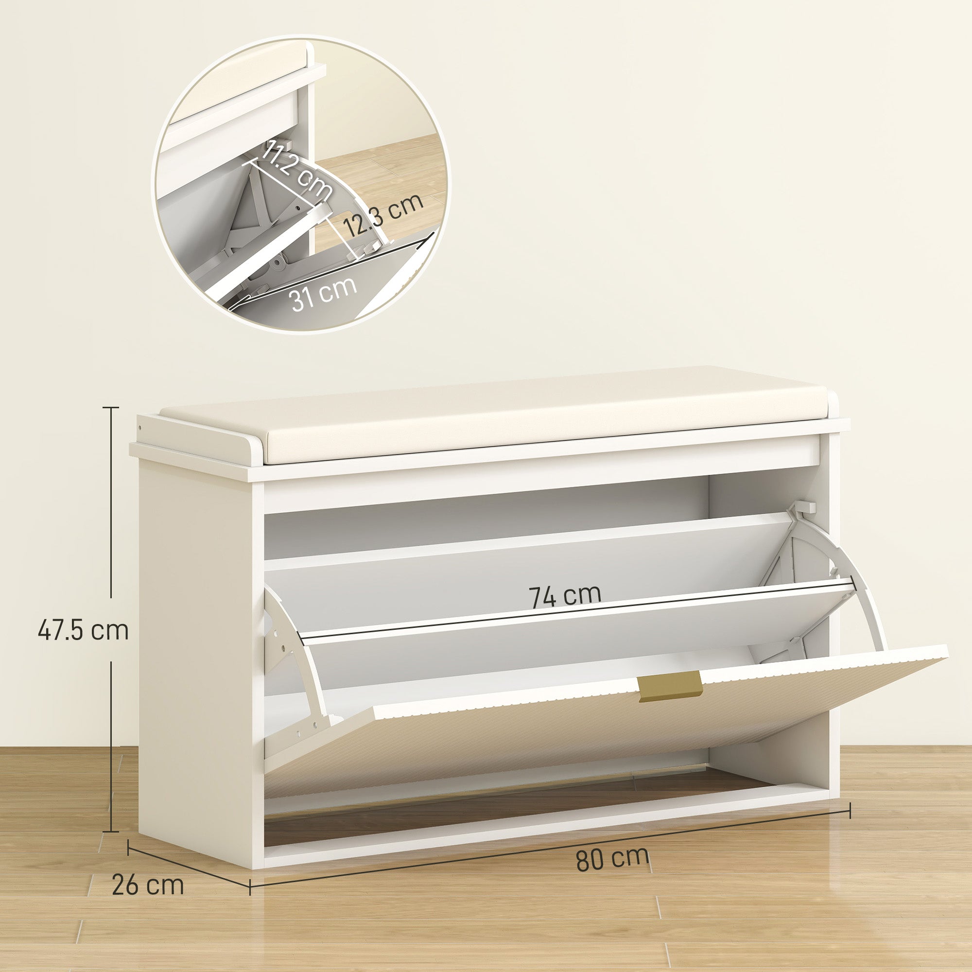 Shoe Bench with Internal Shelf, in Wood and Linen Effect Fabric, 80x26x47.5 cm, White and Beige
