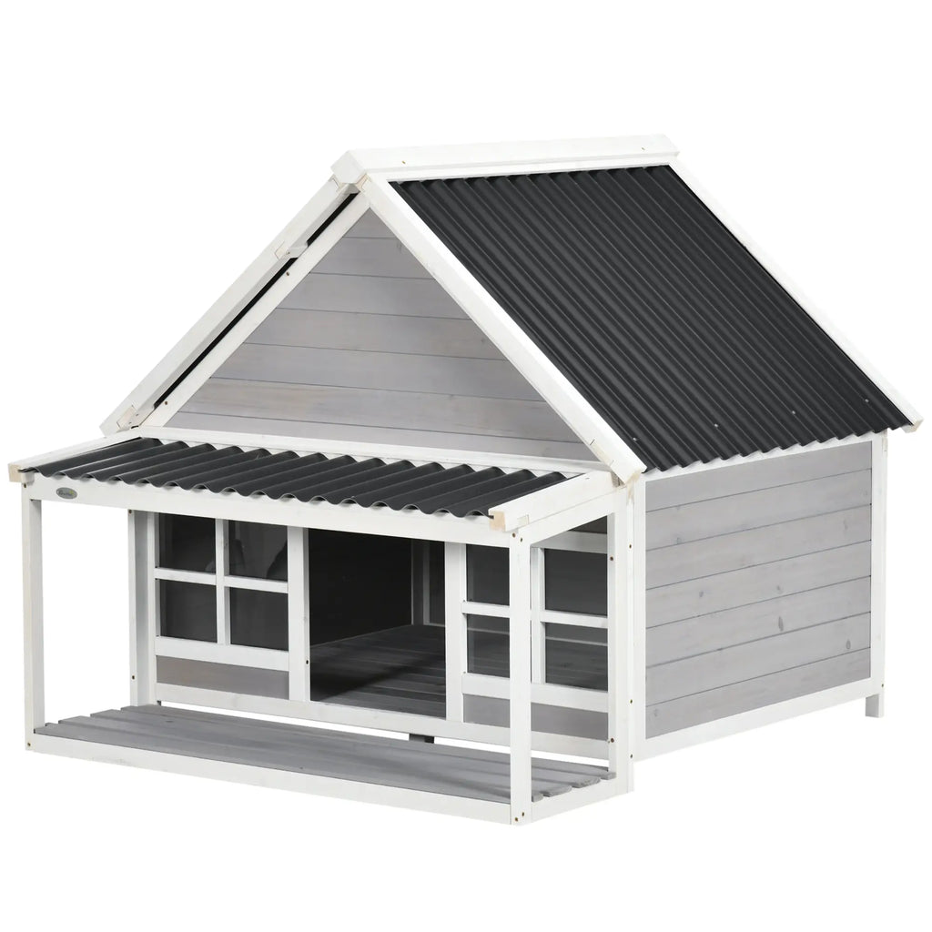 Outdoor Dog Kennel in Wood and PVC with Porch and Windows, 126x118x105cm, Grey - Borge' Group Limited