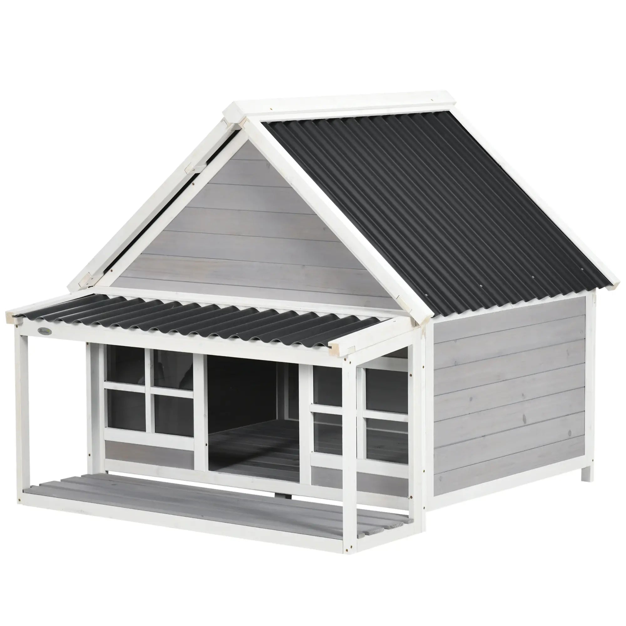 Outdoor Dog Kennel in Wood and PVC with Porch and Windows, 126x118x105cm, Grey - Borge' Group Limited