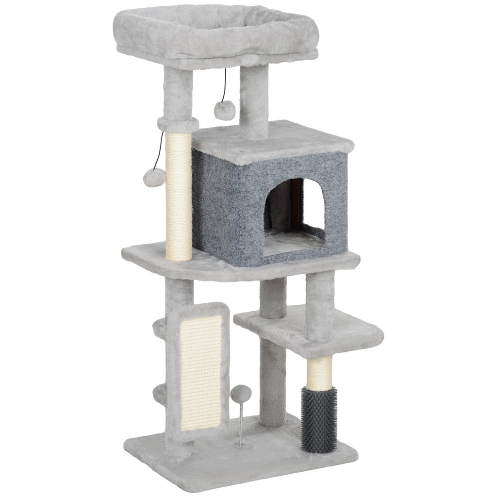 Multi-Level Cat Tree, 104 cm Tall, with House, Bed, Scratching Posts, Brush and Ball, Grey