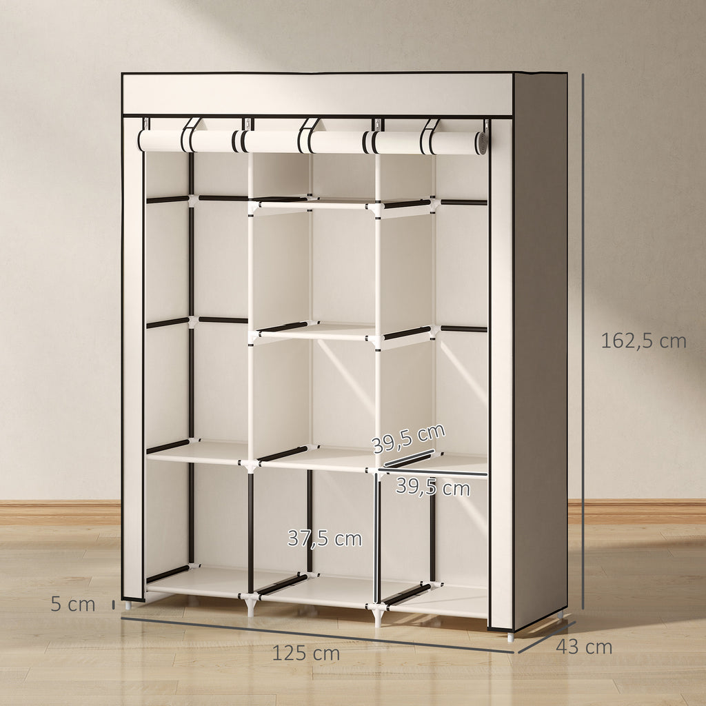 HOMCOM Space-Saving Wardrobe with Raised Base, 8 Shelves and 2 Bars, in Non-Woven Fabric and Steel, Cream