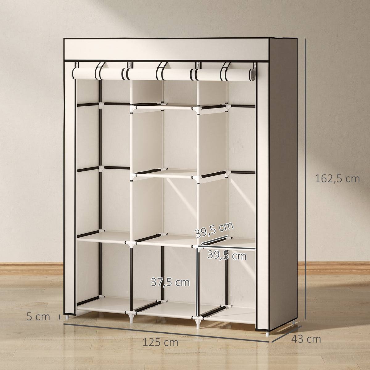 HOMCOM Space-Saving Wardrobe with Raised Base, 8 Shelves and 2 Bars, in Non-Woven Fabric and Steel, Cream