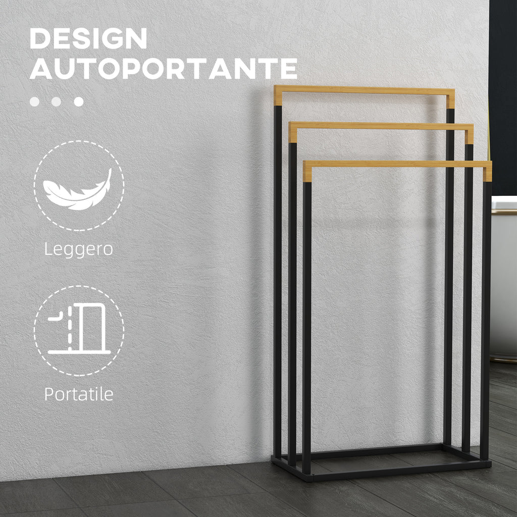 kleankin 3-Bar Bamboo and Steel Towel Rack with Freestanding Design, 45x22.5x86 cm