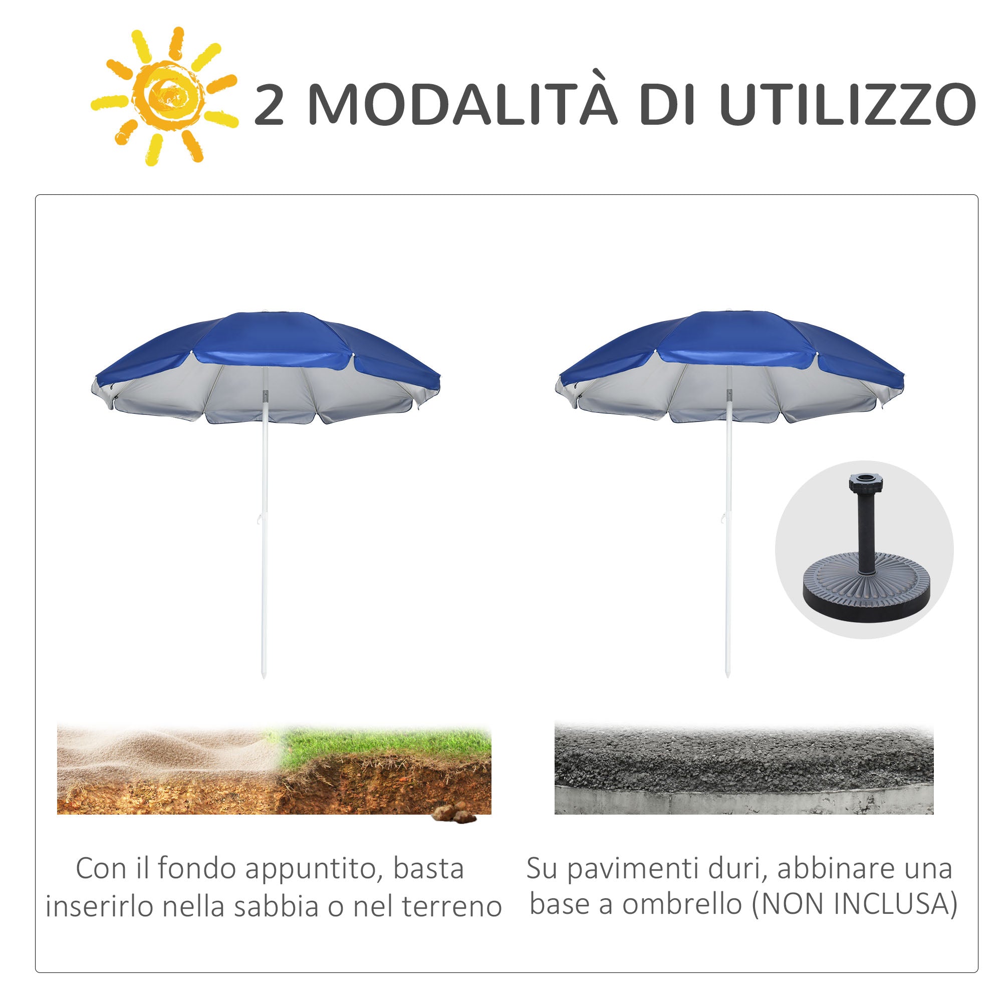 Tilting Beach Umbrella with Side Curtains, in Polyester and Steel, Ø191x211 cm, Blue and White