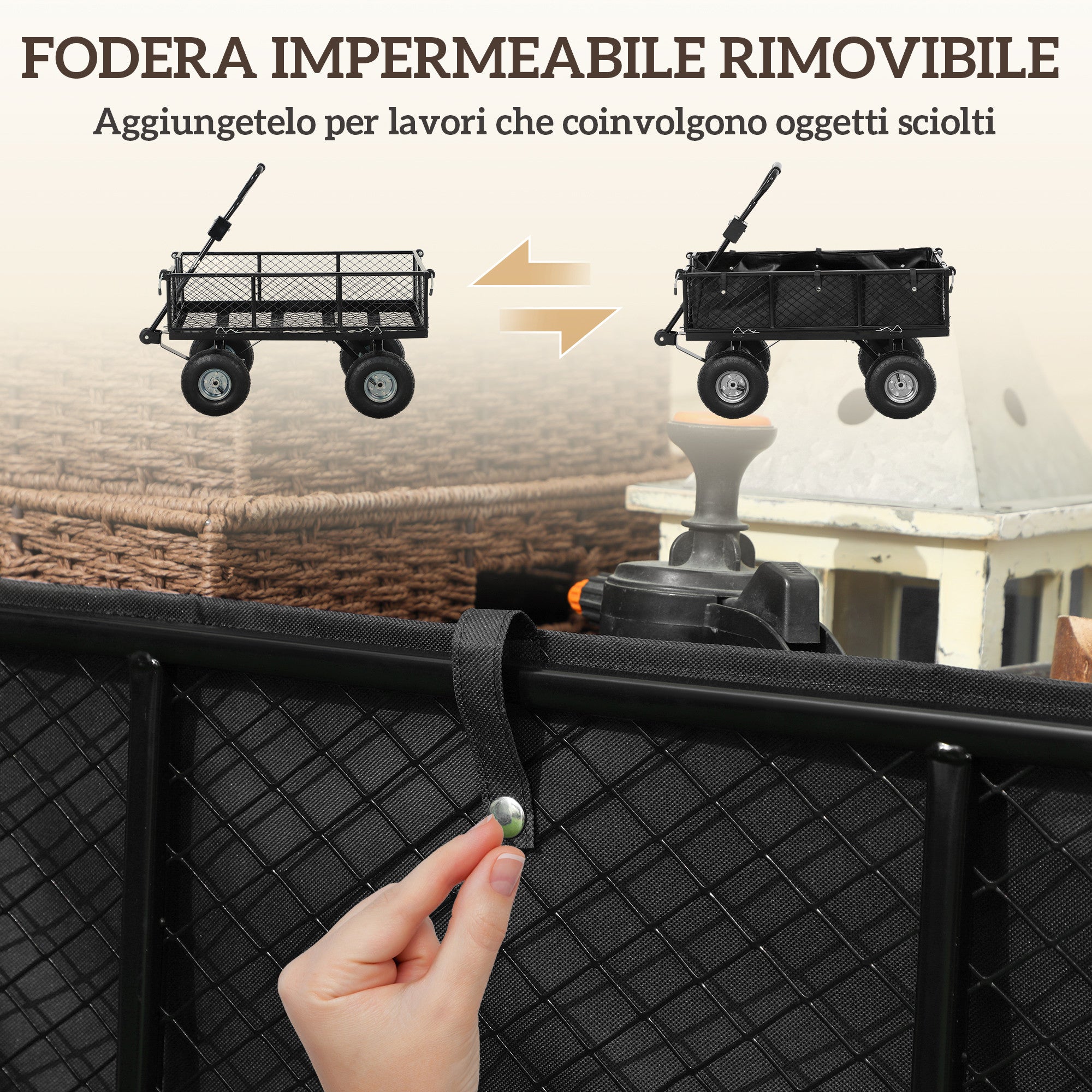 114L Steel Garden Cart with Storage Bag and Removable Walls, 105x51x54 cm, Black