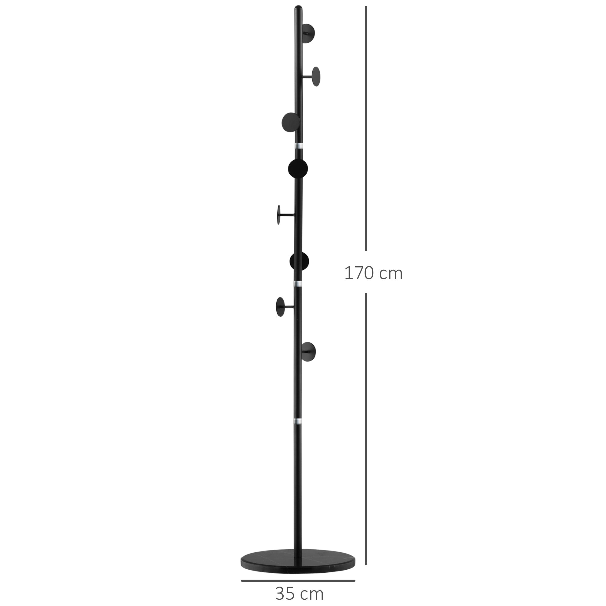 Coat Rack with 8 Hooks, Steel Frame with Marble Base, 35x35x170cm, Black