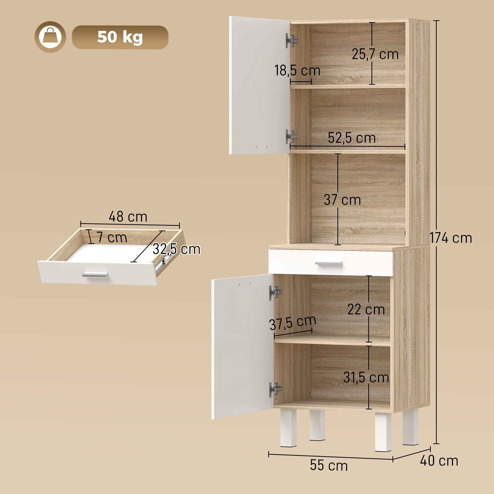 HOMCOM Kitchen Sideboard with Open Shelves, 2 Cabinets and Drawer, in Wood and Metal, 55x40x175 cm, White and Wood