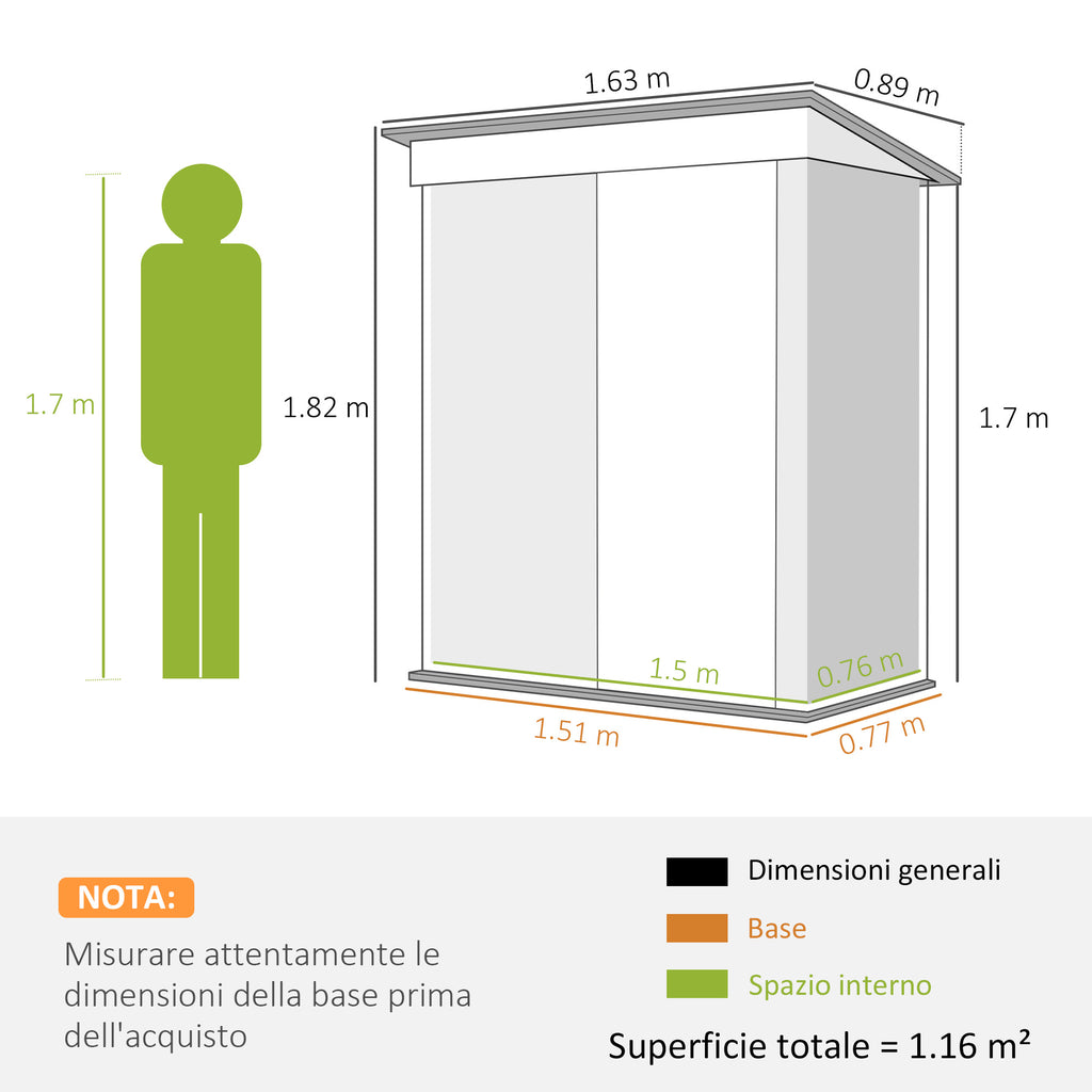 Tool Shed with Sloping Roof and Sliding Door, in Galvanized Steel, 163x89x182 cm, Green