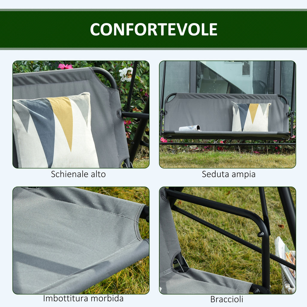 3-Seater Swing with Tilting Canopy and Cushions, in Steel and Polyester, 172x110x153 cm, Grey