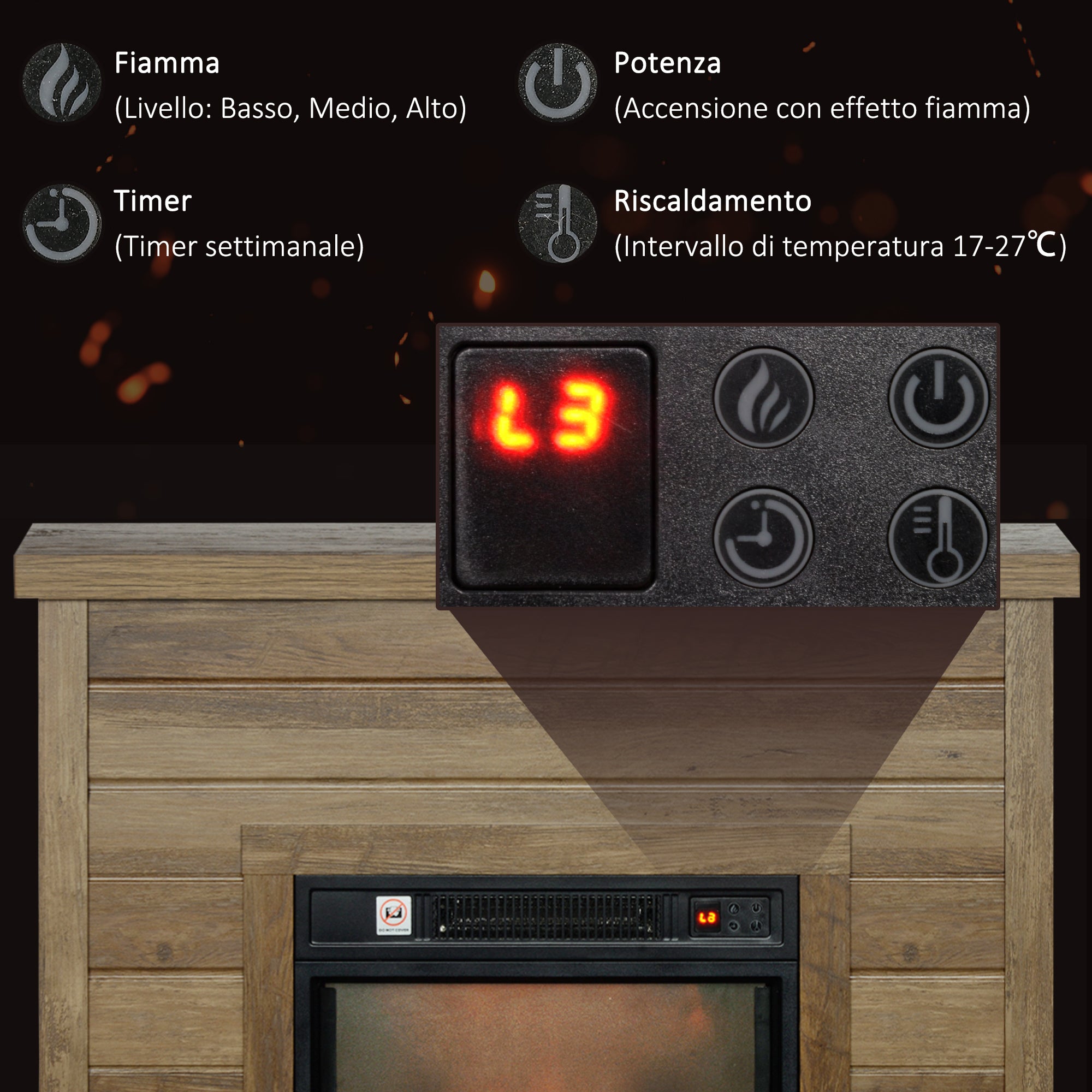 Electric Fireplace 1800W with Flame Effect and Remote Control, in Wood, Metal and Glass, 96.5x22x81.7 cm, Wood color