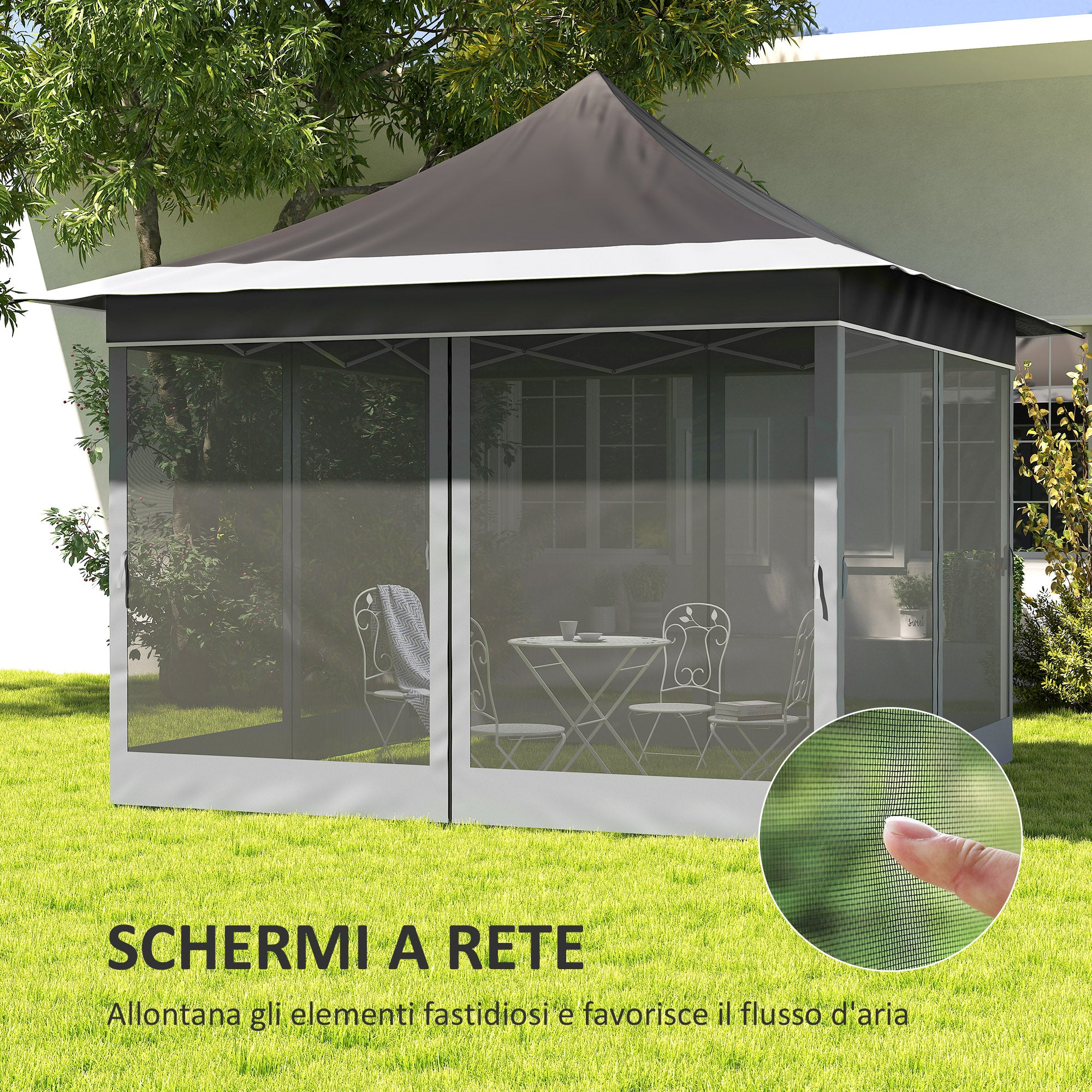 Garden Gazebo with Adjustable Height with Mosquito Net, in Polyester and Metal, 357x357x310 cm, Dark Gray
