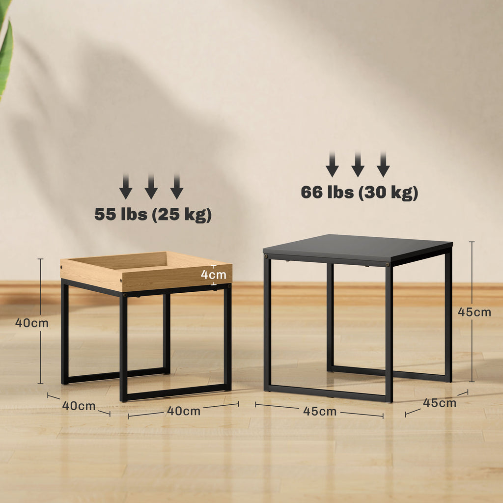 Set of 2 Modern Coffee Tables with U-Shaped Legs, Wood and Steel, 45x45x45 cm and 40x40x40 cm, Black