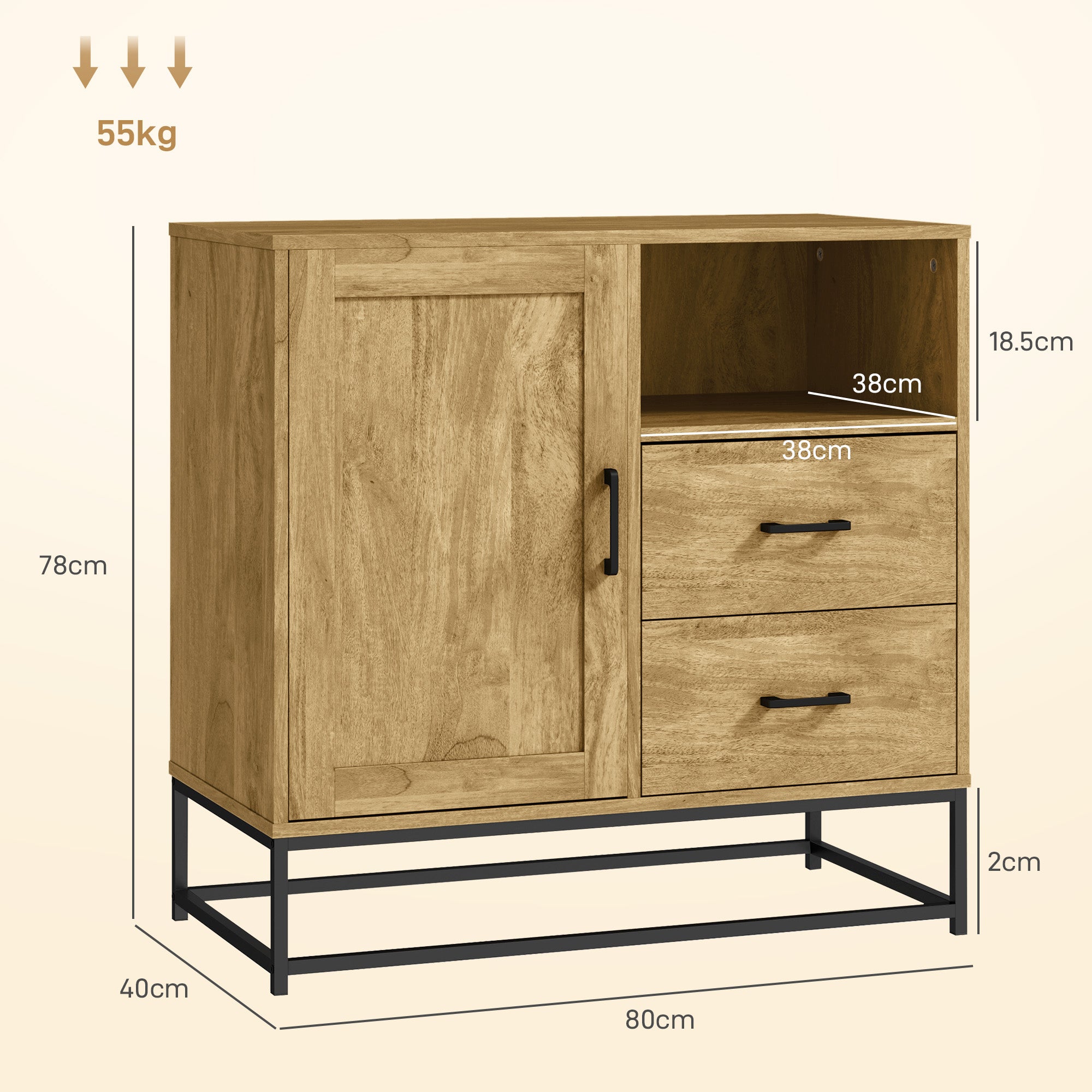 Modern Sideboard with 2 Drawers, Adjustable Cabinet and Open Shelf, in Wood and Steel, 80x40x78 cm, Brown