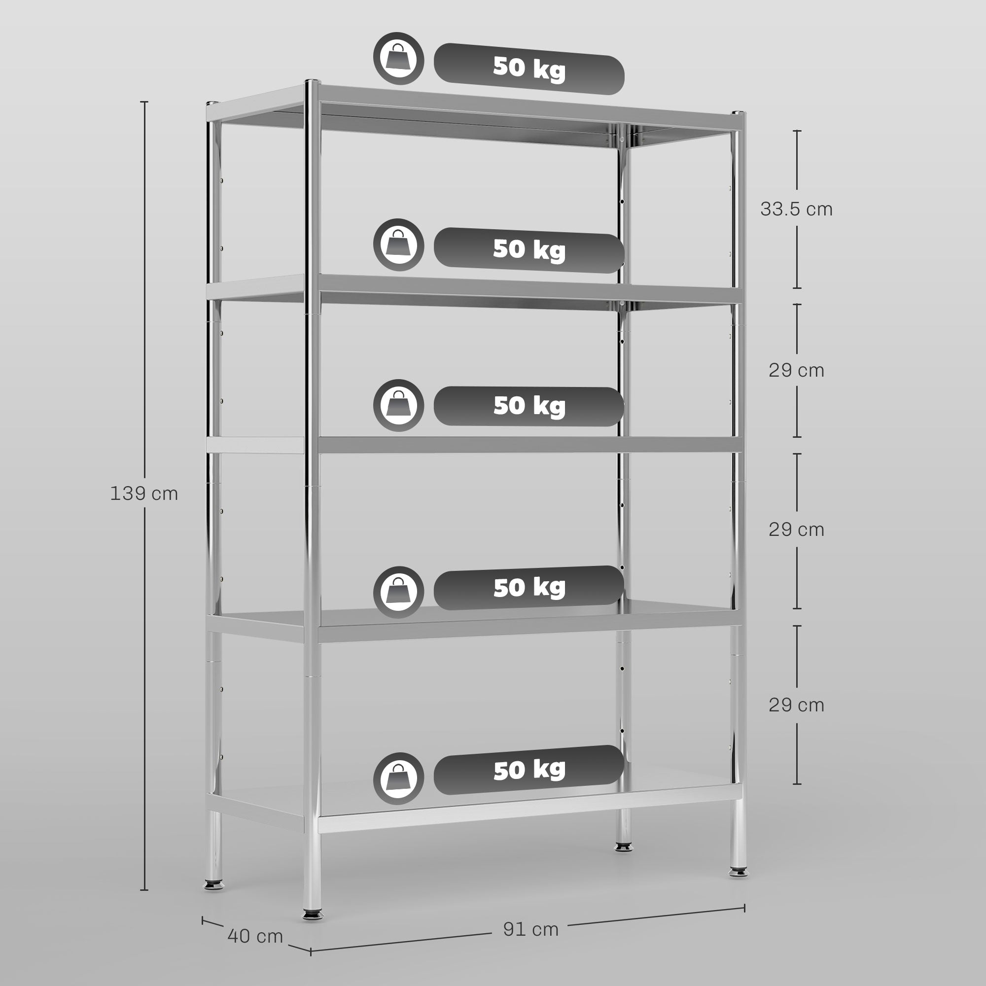 5-Tier Kitchen Shelf with 13 Adjustable Heights, Stainless Steel, 91 x 40 x 139 cm, Silver