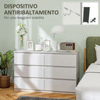 Chest of 6 Drawers for the Bedroom in Wood with Metal Guides, 120x39x75 cm, White