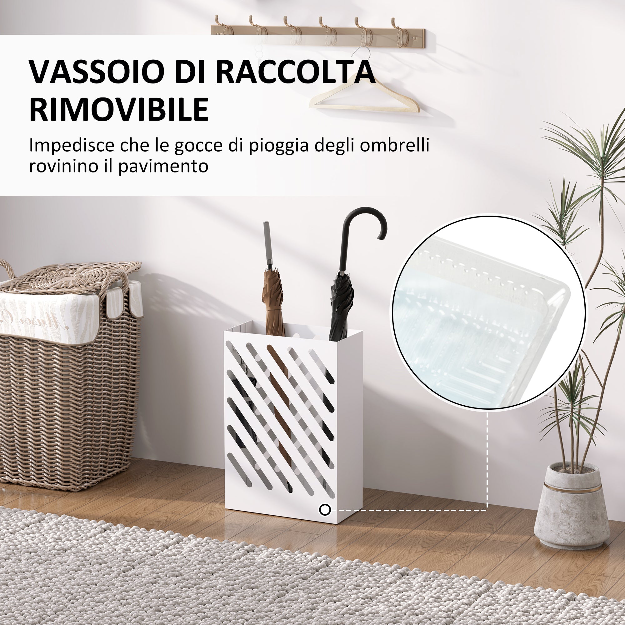 Design Umbrella Stand with Drip Tray and 4 Metal Hooks, 28x14x41 cm, White