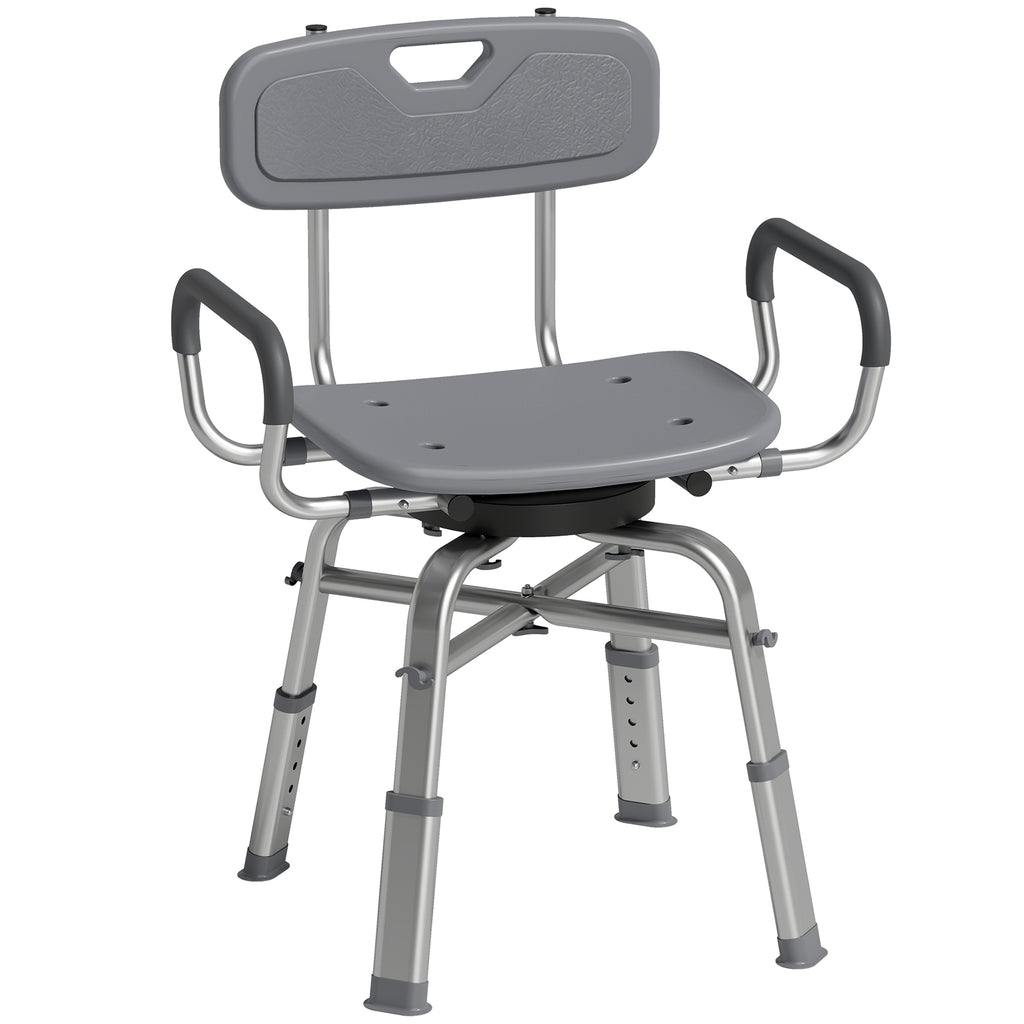 HOMCOM Height-Adjustable Swivel Shower Chair with Armrests, Backrest, 150kg Capacity, Grey