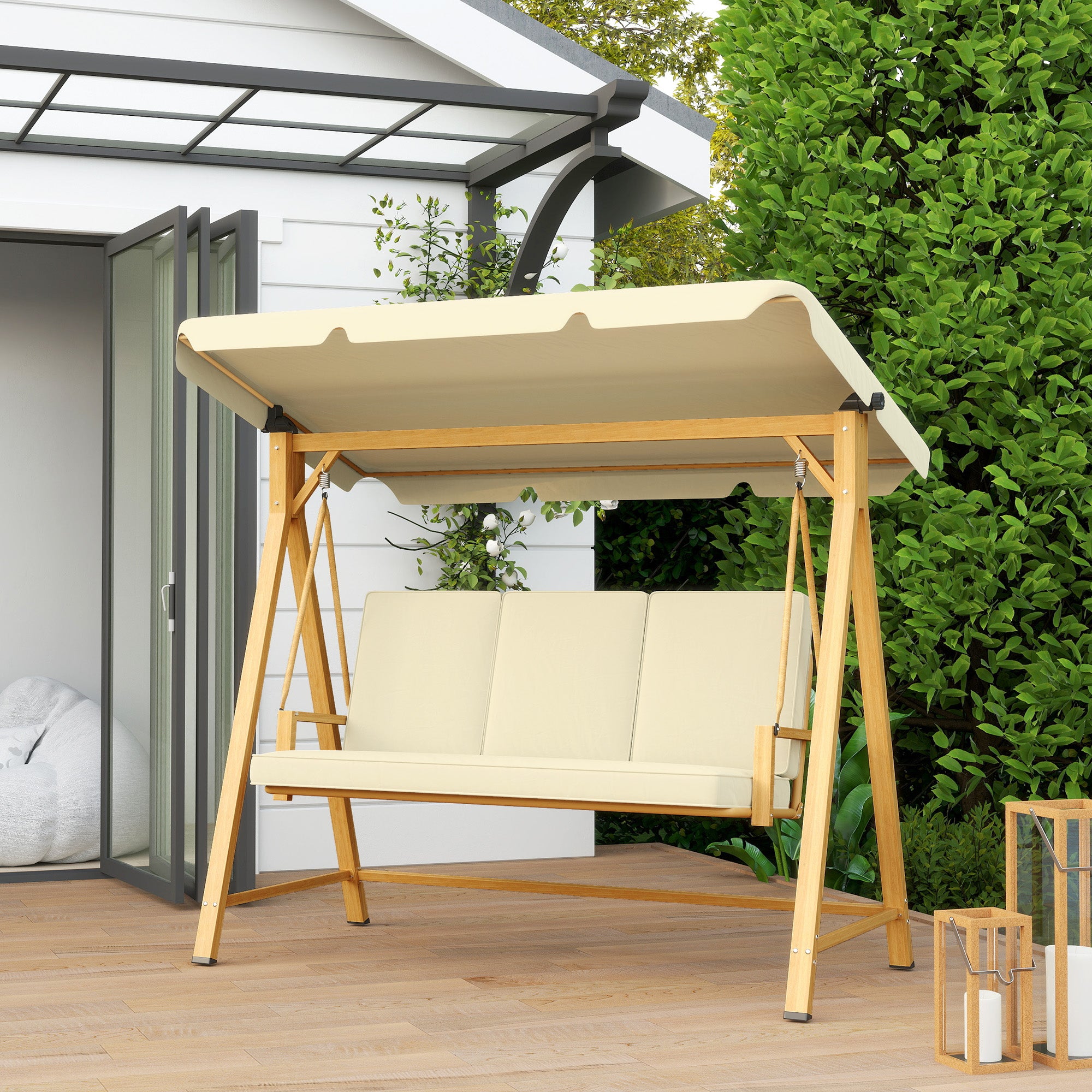 3 Seater Garden Swing with Adjustable Canopy and Cushions, 195x120x170 cm, Beige