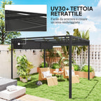 Gazebo Pergola Retractable 3x3 m with Roller Blind and Drainage Holes, in Steel and Polyester Dark Grey