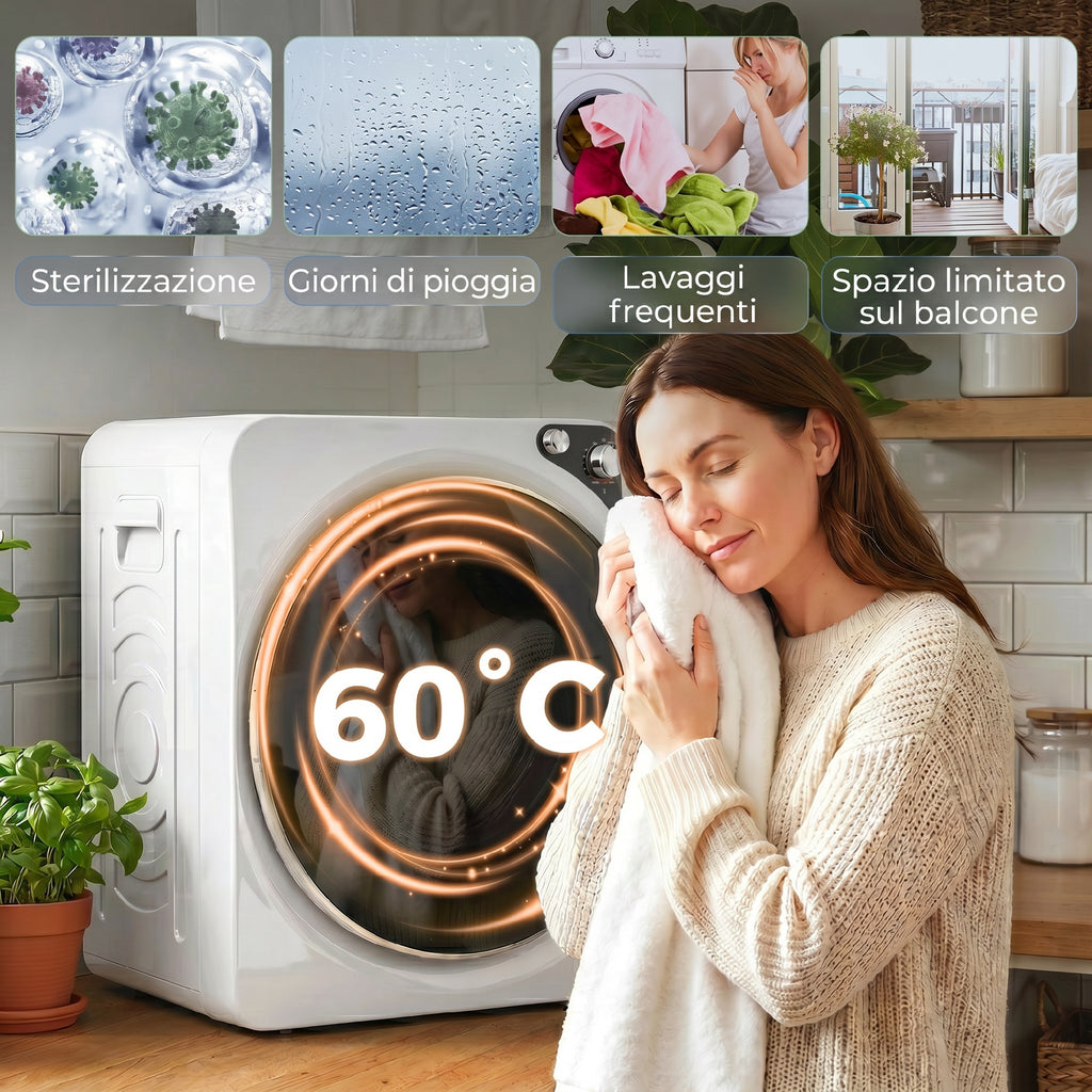 HOMCOM 1000W Portable Dryer with 5 Programs and Timer, in PCM and Stainless Steel, 49x43x61 cm, White