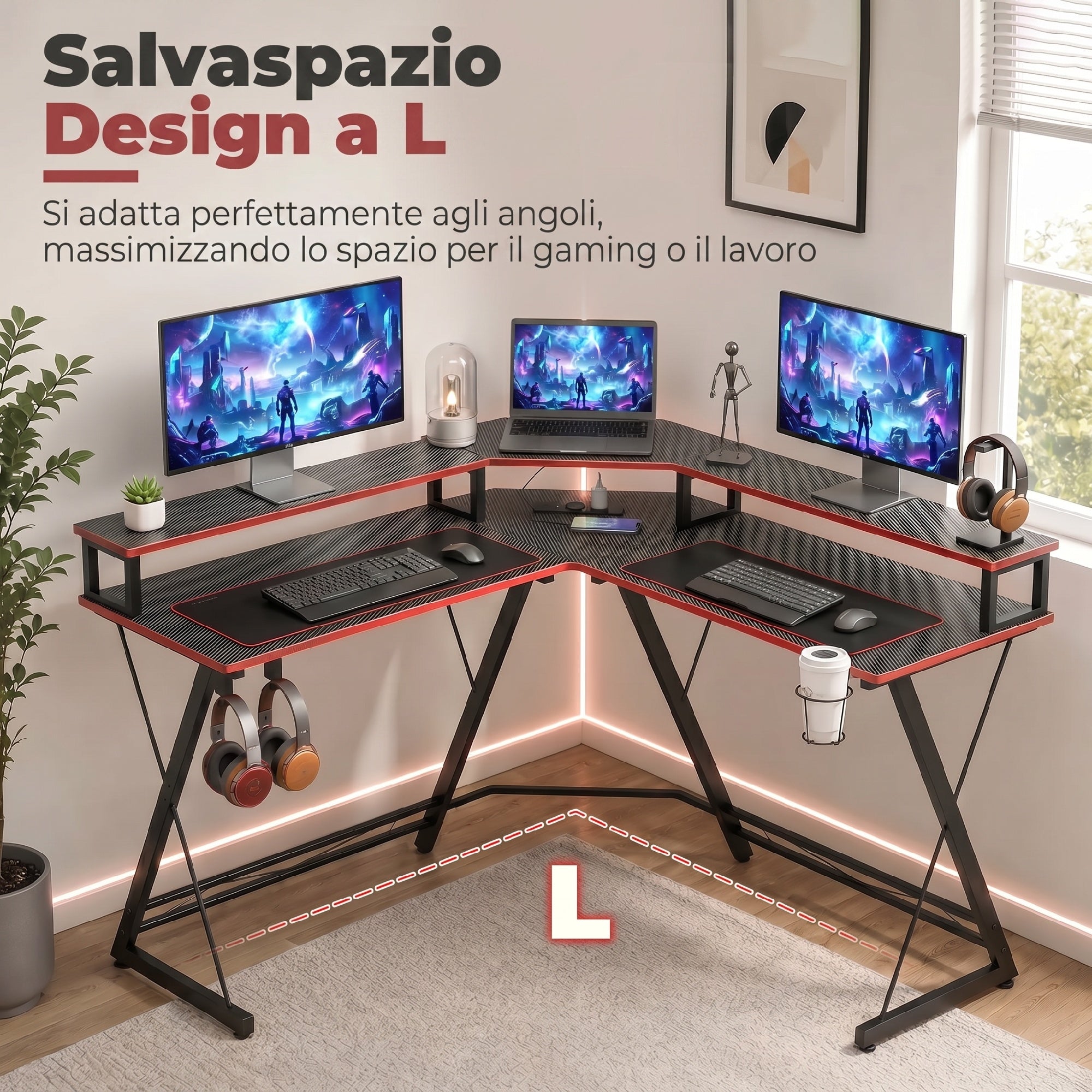 HOMCOM Corner Gaming Desk with Monitor Stand, Headphone Hook and Cup Holder, 128x128x88 cm, Black