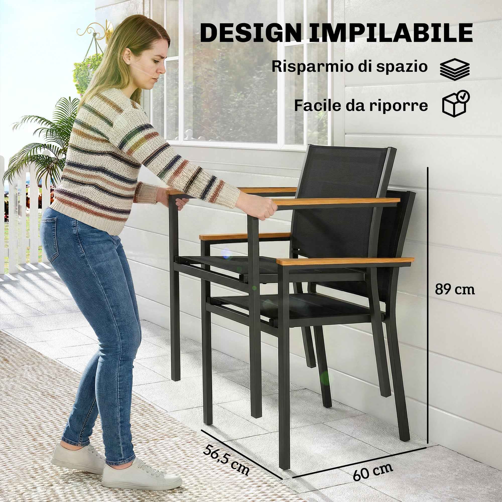 Outsunny Set of 2 Stackable Garden Chairs with Padded Seat and Backrest, Dark Grey