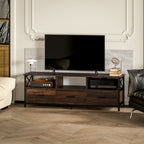 Industrial TV Cabinet with 3 Drawers and 3 Open Shelves, in Wood and Steel, 147x40x50 cm, Black and Brown