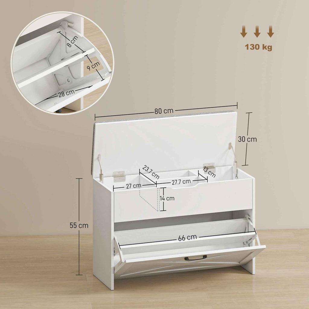 HOMCOM Shoe Bench with Folding Drawer and Storage, Capacity for 8 Pairs of Shoes, 80x30x55 cm, White