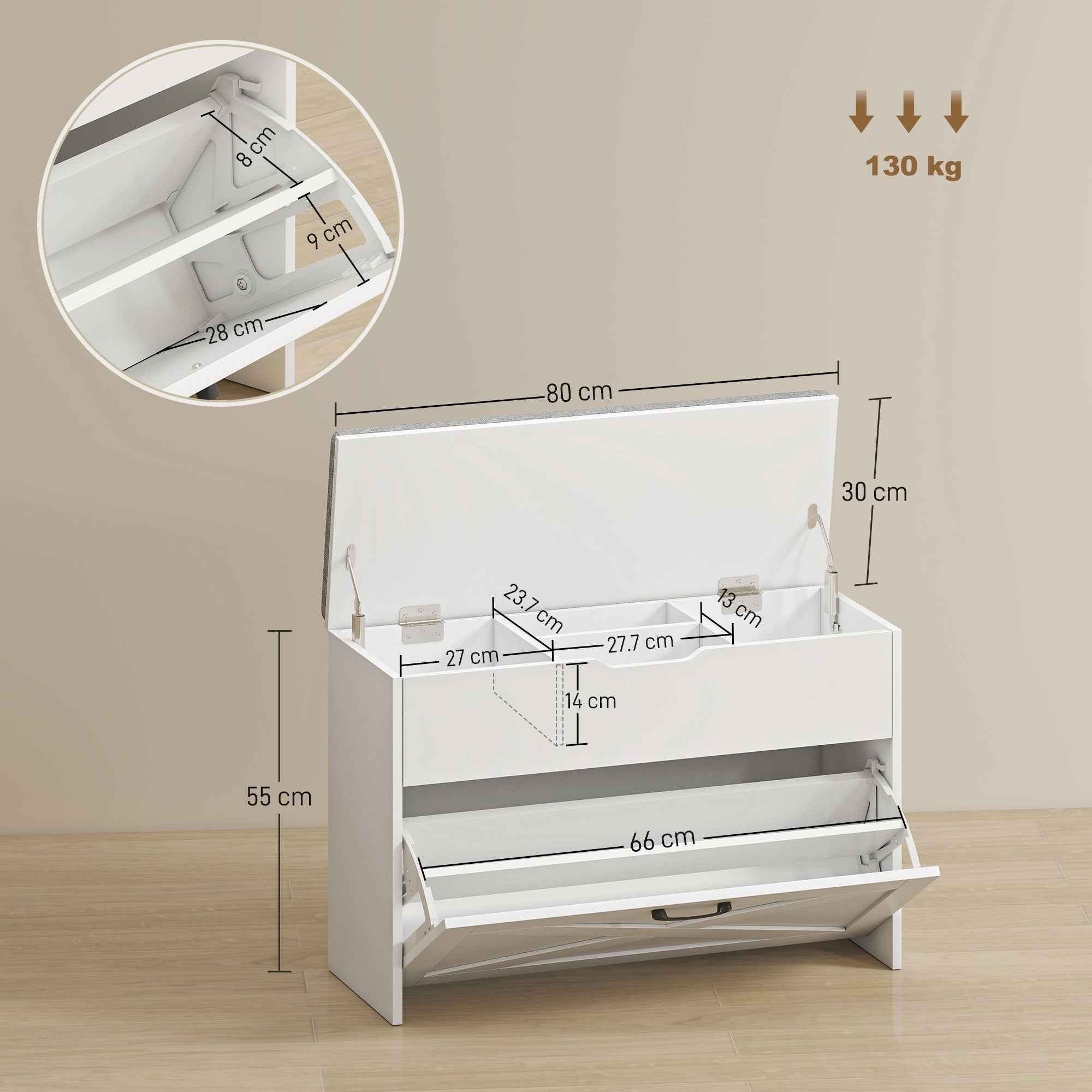HOMCOM Shoe Bench with Folding Drawer and Storage, Capacity for 8 Pairs of Shoes, 80x30x55 cm, White