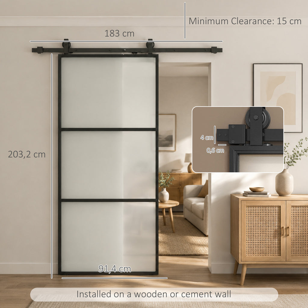 HOMCOM External Sliding Door 91.4x203.2cm in Satin Glass, Soft-close System, Industrial Style, Waterproof