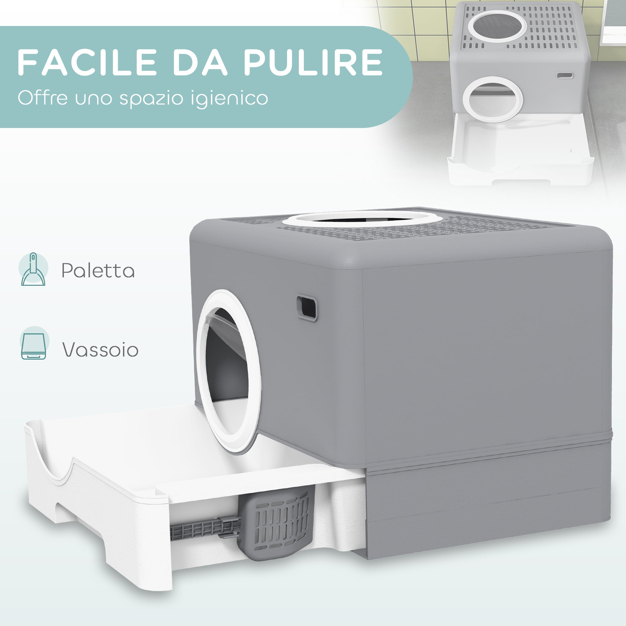 Cat Litter Box with Lid and Scoop, Double Entrance and Removable Tray, 52x41x38.5 cm, Grey