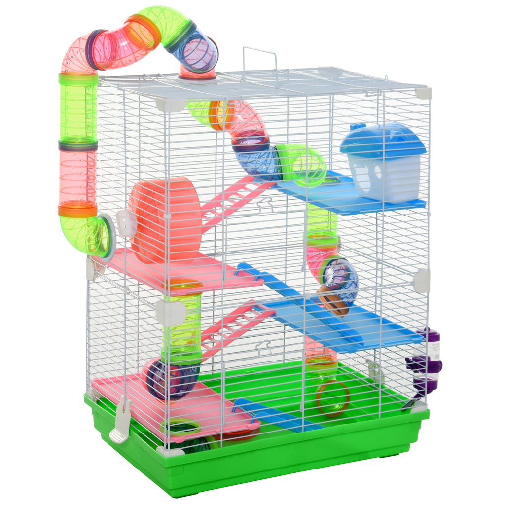 PawHut 5-Tier Hamster Cage with Handle with Colorful Tubes, Hamster Wheel, Ladders, House and Food Accessories, 46x30x58cm - Borgè