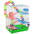 PawHut 5-Tier Hamster Cage with Handle with Colorful Tubes, Hamster Wheel, Ladders, House and Food Accessories, 46x30x58cm - Borgè