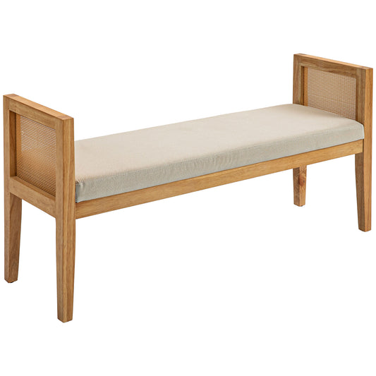 Boho Bed Bottom Bench with Padded Seat and Armrests in Wood and Rattan, 120x38x61.5cm, Cream