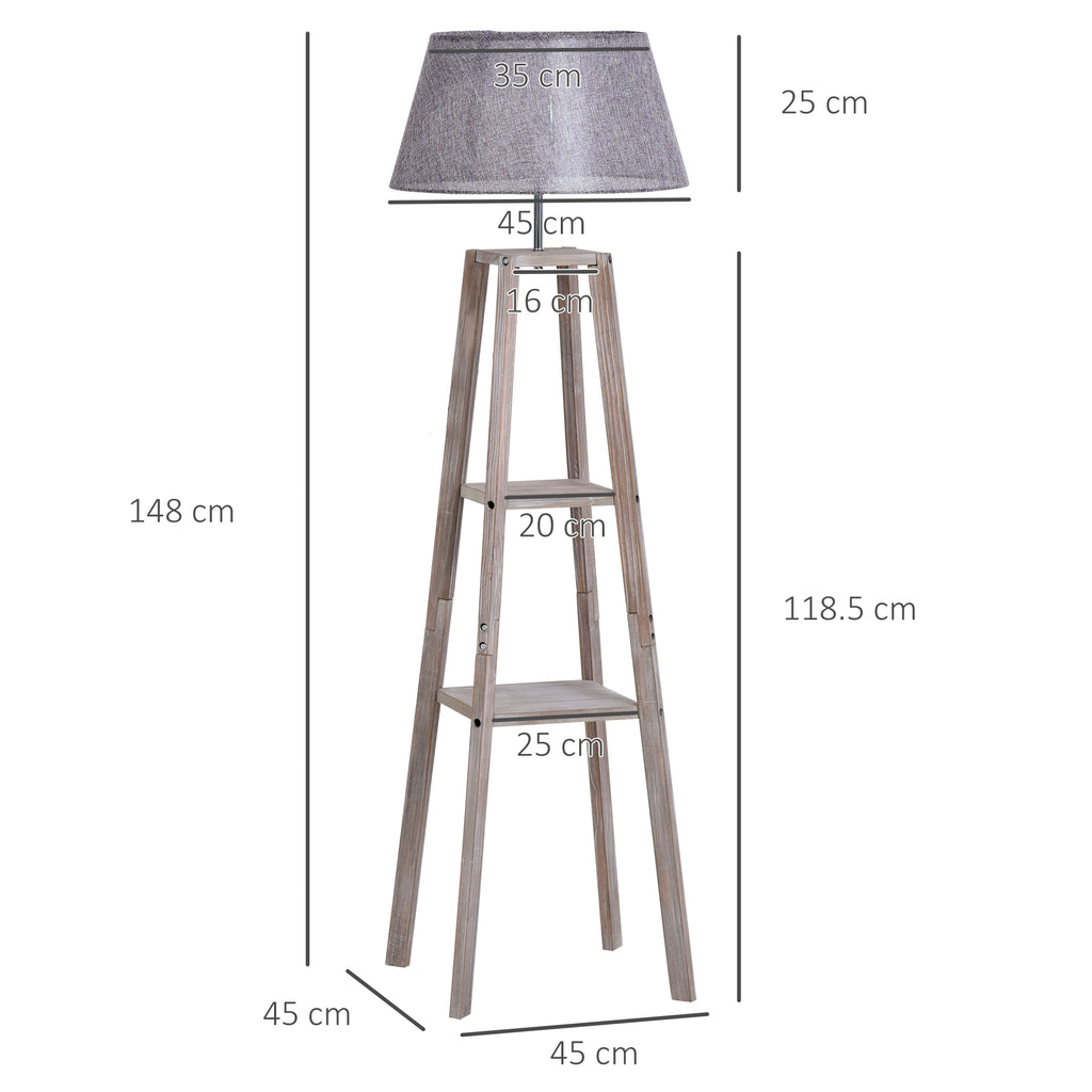 Homcom wooden ground lamp with 3 shelves and fabric lampshade, 45x45x148cm, gray - Borgè