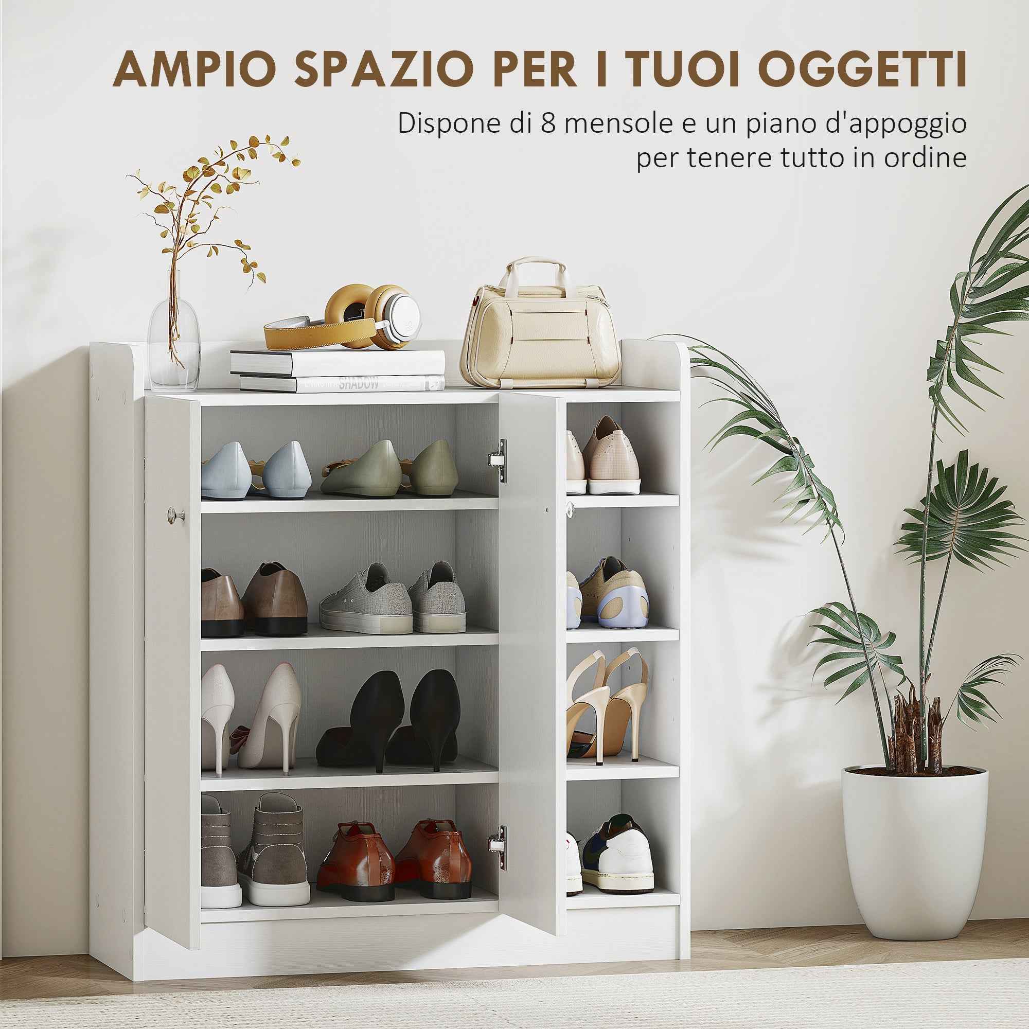 HOMCOM Shoe Rack with 4 Open Shelves, Multipurpose Shoe Cabinet with 2 Doors and Adjustable Shelves, Space-Saving Shoe Storage for 12 Pairs, 83x30x90 cm, White