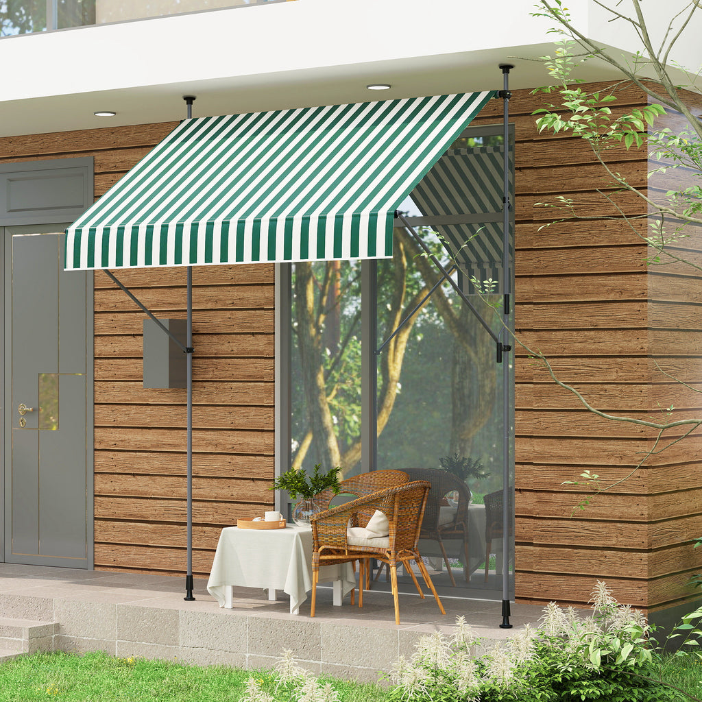 Awning 2x1.2 m with Adjustable Supports and Crank, in Aluminium, Metal and Polyester, Green and White