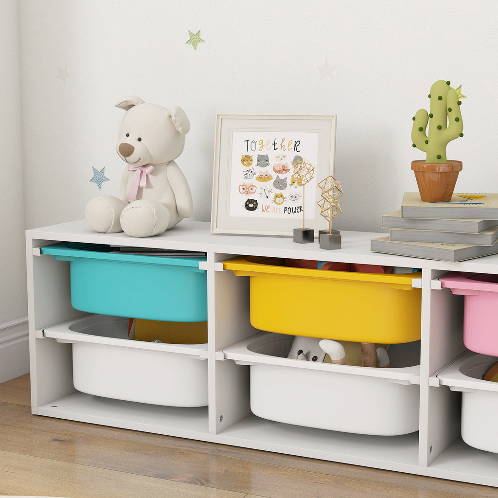 AIYAPLAY Children's Wooden Toy Storage Shelf with 6 Removable Plastic Bins, Multicolor